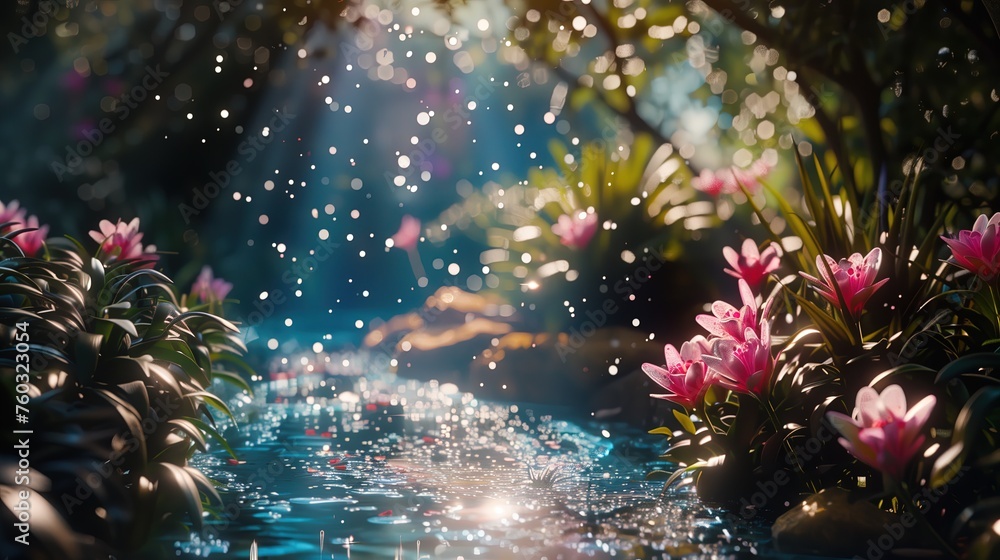 Strumień w obrazie otoczony różowymi kwiatami na tle zieleni wiosennej przyrody. Woda płynie spokojnie, a kwiaty dodają uroku krajobrazowi. - obrazy, fototapety, plakaty 
