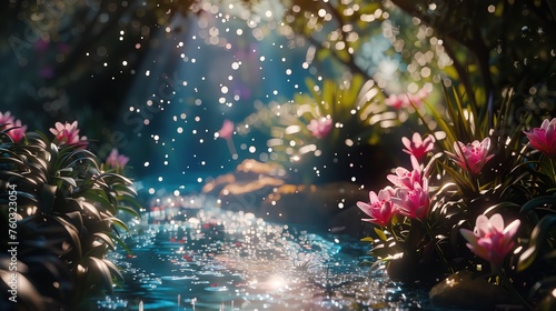 Strumień w obrazie otoczony różowymi kwiatami na tle zieleni wiosennej przyrody. Woda płynie spokojnie, a kwiaty dodają uroku krajobrazowi.