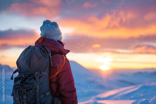 Traveler witnessing a breathtaking sunset in snowy mountains. © Larisa