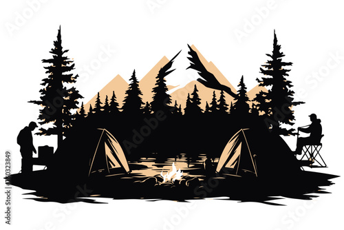 Camping black Silhouette Vector White Background