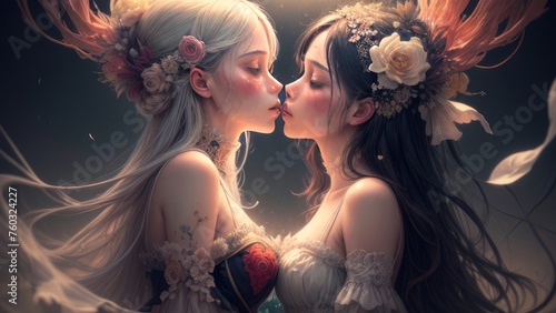 art, Two beautiful girls touched lips