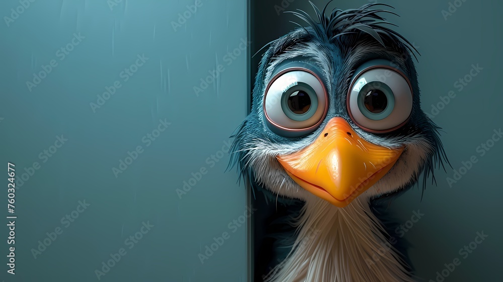 A mischievous 3D cartoon character illustration peeking out from behind a corner against a seamless solid background, its playful demeanor rendered in HD clarity - obrazy, fototapety, plakaty 