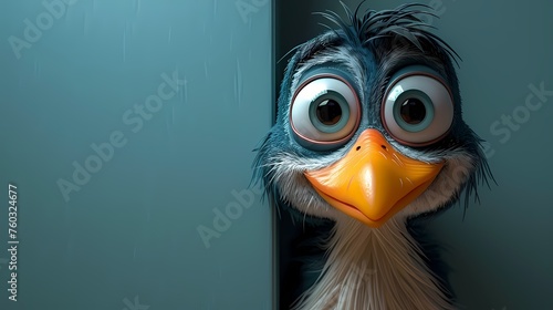 A mischievous 3D cartoon character illustration peeking out from behind a corner against a seamless solid background, its playful demeanor rendered in HD clarity photo