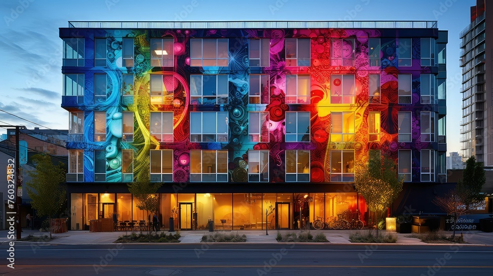 Obraz premium trendy urban hotel building illustration stylish contemporary, upscale hip, sophisticated design trendy urban hotel building