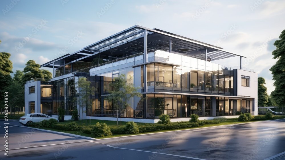 sustainable modern office building illustration tech open, flexible dynamic, eco friendly sustainable modern office building