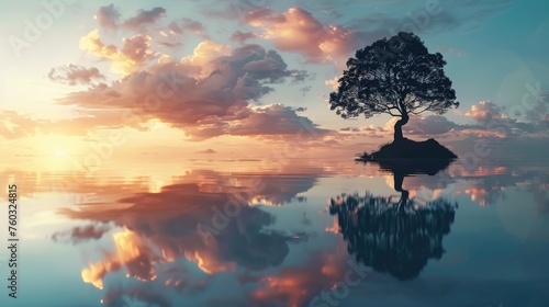 Sunset Serenity and Tree Reflection