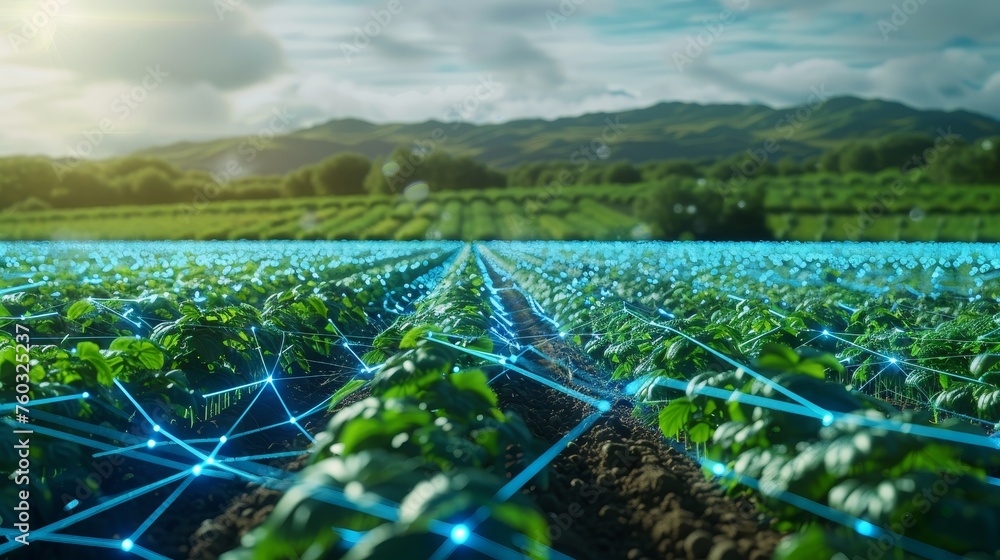 A futuristic farm landscape integrating Internet of Things devices for advanced agriculture - obrazy, fototapety, plakaty 