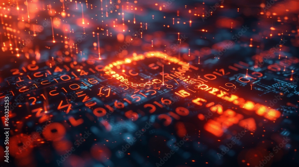 Abstract digital background with orange glowing key symbol and binary code on dark hologram computer screen Abstract digital background with orange glowing key symbol and binary code on dark hologram computer screen