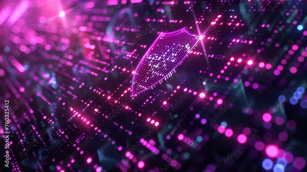 Abstract digital background with purple glowing shield symbol and binary code on dark hologram computer screen Abstract digital background with purple glowing shield symbol and binary code on dark hologram computer screen