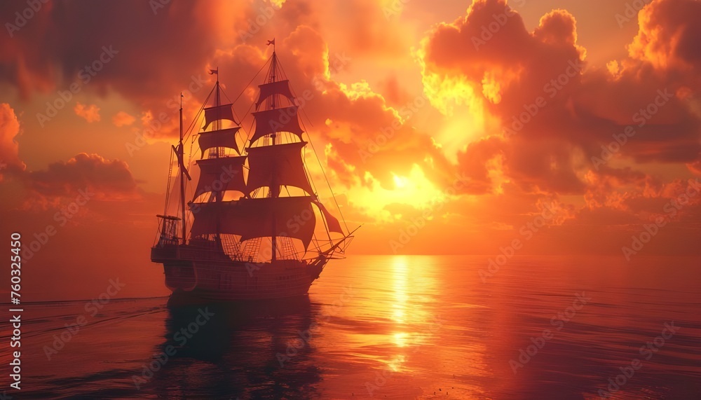Obraz premium Ancient sailing ship at sunset