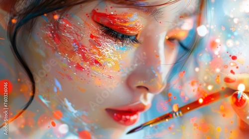 Charming Japanese girl painting vibrant abstract art