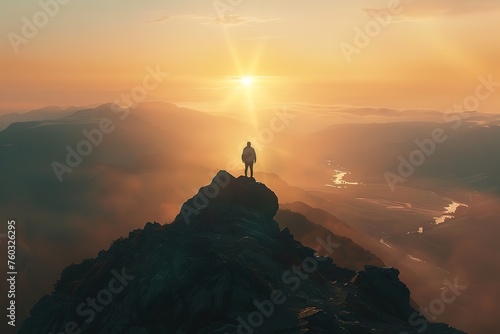 A lone hiker stands on a mountain peak at sunrise, overlooking a sweeping valley.