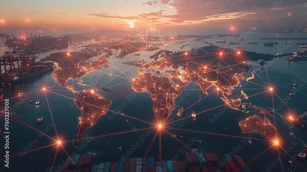 Obraz premium Global business connectivity showcased on world trade map with interconnected trade routes