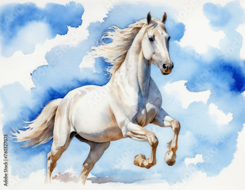 watercolor painting A white cloud in the shape of a running horse against a background of blue sky