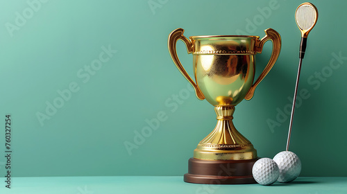 Golden Trophy Cup, Medal, Golf Club, and Ball on Colorful Background, Generative Ai