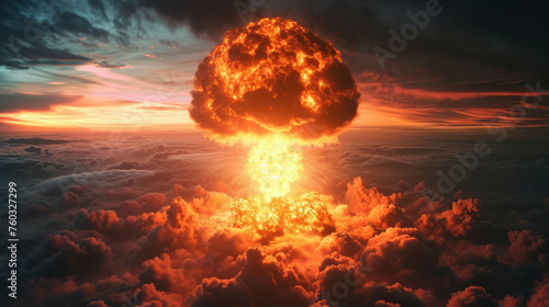 Witness the power and destruction of a nuclear explosion and mushroom cloud in this intense image. AI generative enriches the HDR details of this cataclysmic event. photo