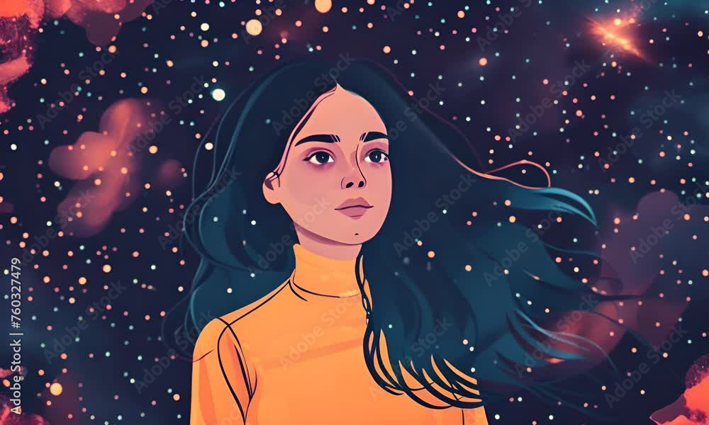 Young woman on a cosmic background, the concept of dreams and infinity. Young woman on a cosmic background, the concept of dreams and infinity.