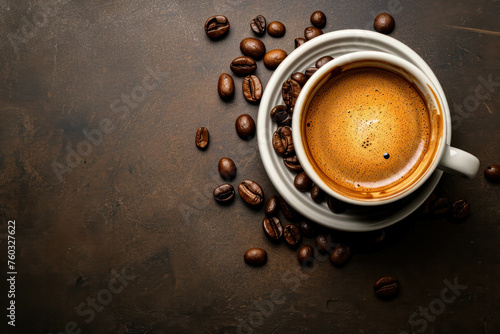 Experience the first-person view of coffee, captured from a top view with realistic depth and ample copy space. AI generative technology ensures lifelike realism.