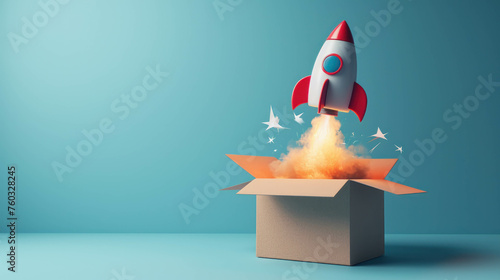 Explore the boundless possibilities of space exploration as a rocket lifts off from a cardboard box against a blue backdrop. AI generative technology brings this 3D illustration to life.
