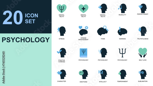 Mental health psychology icon set For Mobile and Web. Anxiety, Care, Depression, Emotional Stress, Healthcare, Medicine, Human Brain, Loneliness, Psychotherapy, Sadness, Support, Therapy.