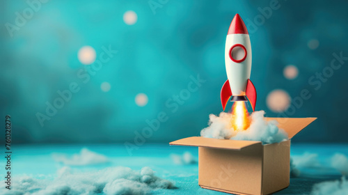 Marvel at the whimsical sight of a rocket launching from a cardboard box against a blue background. AI generative technology enhances the imaginative concept. photo