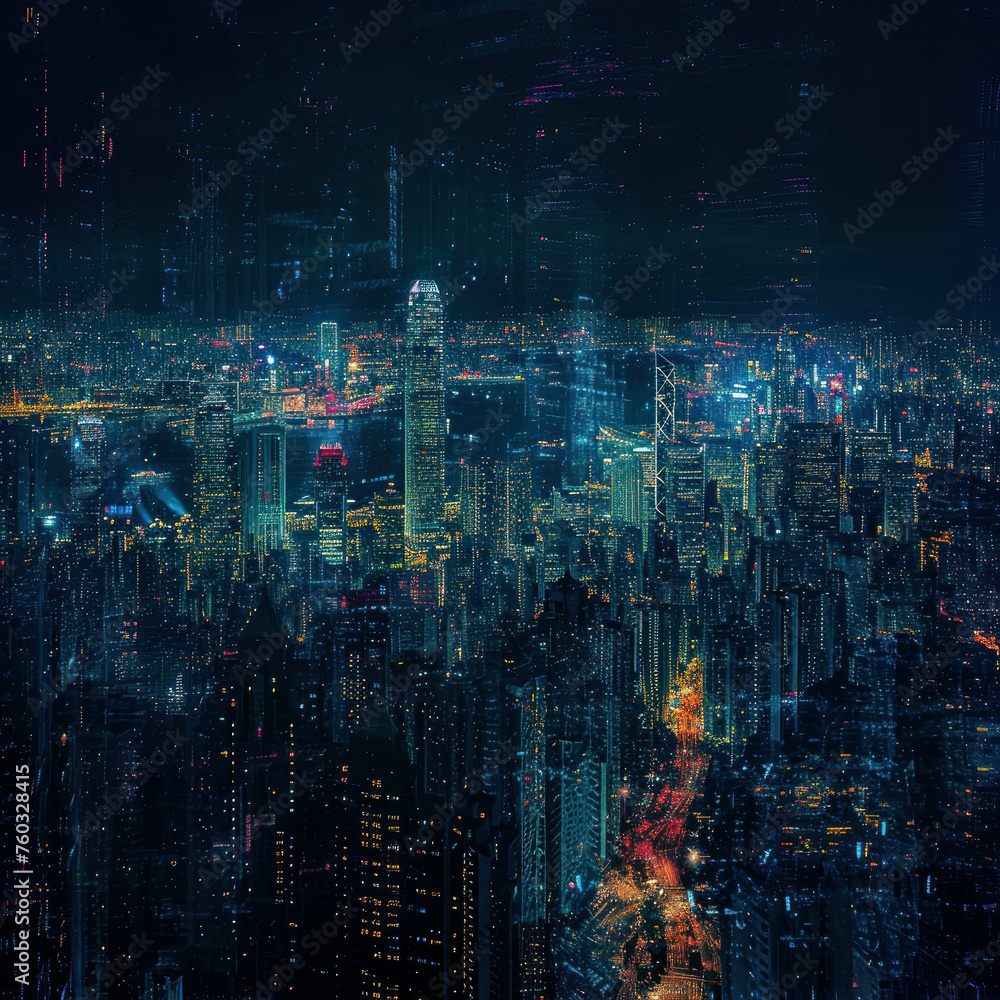 Immerse yourself in the city's night aura from a high altitude perspective. Double exposure and time synthesis form a mesmerizing one-line drawing. UHD and HDR capture every detail. AI generative.