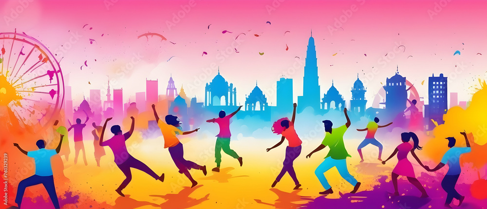 Illustration of Holi festival background. Happy Holi with People dancing, playing with Colors, Indian city skyline and celebrating Holi festival.