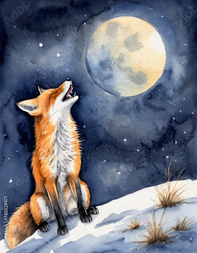 watercolor painting fox barking at moon. back lighting. rule of thirds