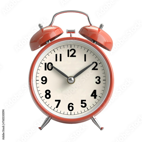 A red alarm clock with a white face showing the time as 10:00