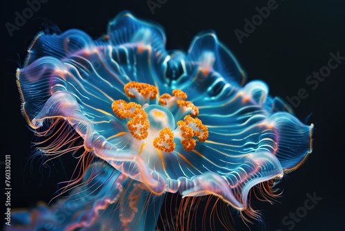 A vibrant jellyfish with neon blue and orange hues floating in a dark underwater environment.