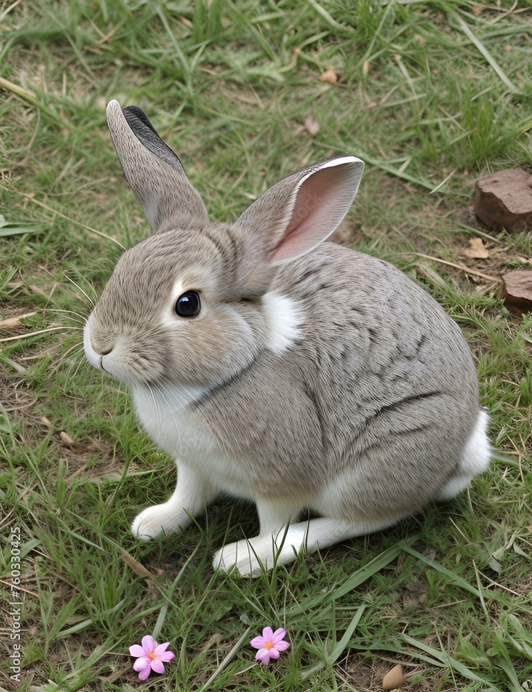 Fototapeta premium white rabbit on grass, Generative AI