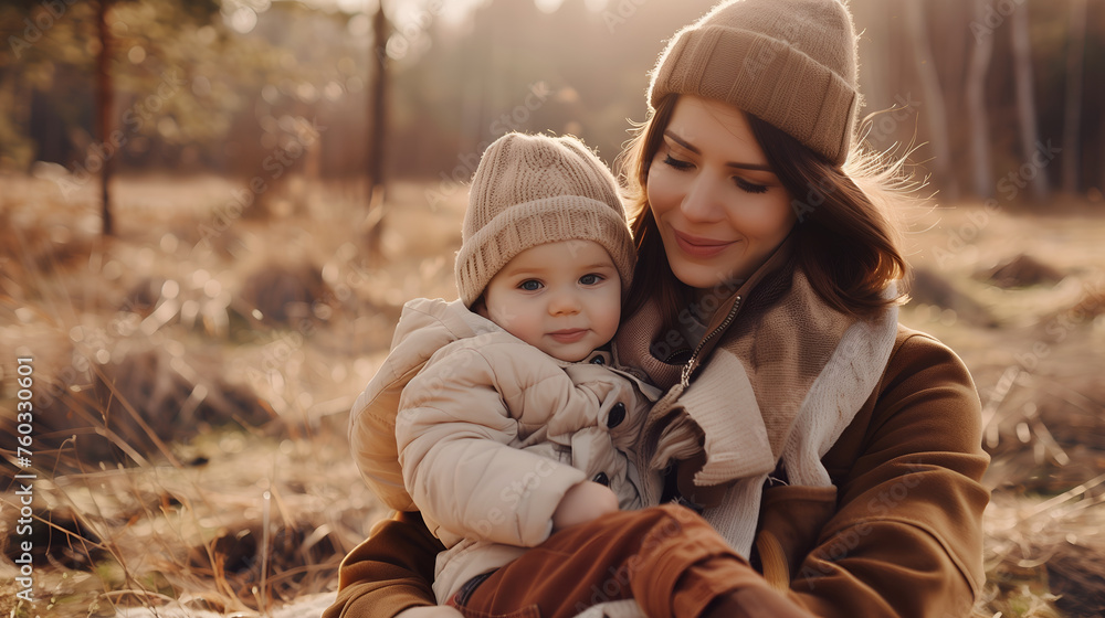 Caucasian mother and her baby at meadow Caucasian mother and her baby at meadow