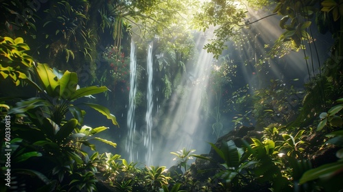 A hidden waterfall deep within a lush, tropical rainforest, surrounded by vibrant foliage and cascading vines, with sunlight filtering through the dense canopy above.