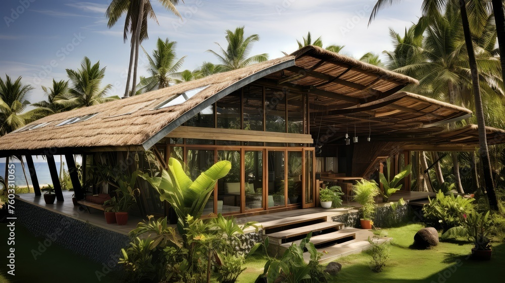 tropical ocean bungalow building illustration escape waterfront, relaxation coastal, exclusive front tropical ocean bungalow building