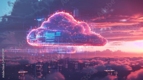 Cloud computing facility, radiant cloud sign, data transmission glow, dusk, high-tech innovation