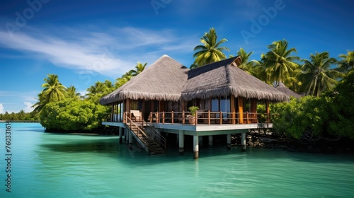resort water bungalow building illustration tropical paradise, vacation relaxation, escape exotic resort water bungalow building © sevector