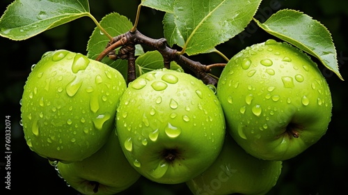 Three green apples, resembling precious gems on the tree, each shining with a fresh and enticing green hue. This is a delightful image to behold, showcasing the freshness and richness of nature.