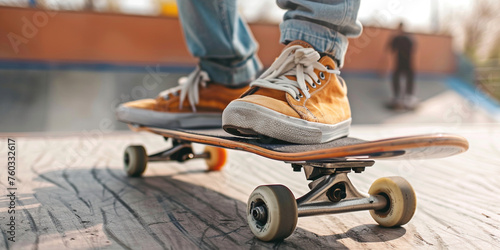 Close-up feet in sneakers of teenager riding skateboard in skatepark. Active skater legs practicing skateboarding. Unrecognizable hipster balancing on board. Hobbies of youth young people concept © Valeriia