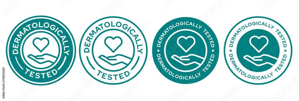Set dermatologically tested vector label with water drop, leaf and hand logo. Dermatology test and dermatologist clinically proven icon for allergy free and healthy safe product package tag. Set dermatologically tested vector label with water drop, leaf and hand logo. Dermatology test and dermatologist clinically proven icon for allergy free and healthy safe product package tag.