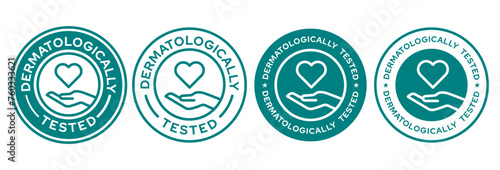 Set dermatologically tested vector label with water drop, leaf and hand logo. Dermatology test and dermatologist clinically proven icon for allergy free and healthy safe product package tag.