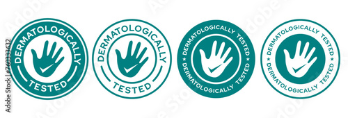 Set dermatologically tested vector label with water drop, leaf and hand logo. Dermatology test and dermatologist clinically proven icon for allergy free and healthy safe product package tag.