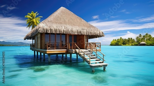 ocean island bungalow building illustration palm hut, thatch retreat, eco friendly ocean island bungalow building