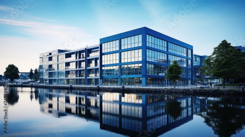 architecture blue office building illustration modern design, glass corporate, urban business architecture blue office building