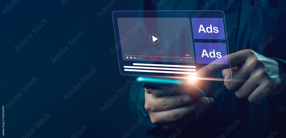 Video with  Ads on mobile screen, Video marketing concept. Playing video content online streaming show advertising button for target customers, ADs on website . - obrazy, fototapety, plakaty 