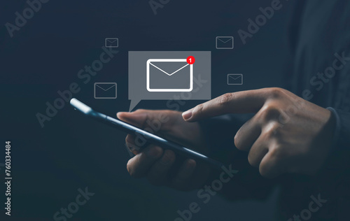 Sending direct email to customer for business concept. Online communication mail and sms marketing send newsletter. Hand tounch on mail icon, online working internet network.