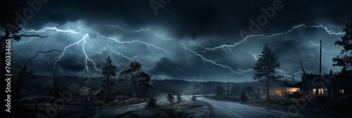 Country road at thunderstorm. Summer night landscape with roadway at bad weather. 