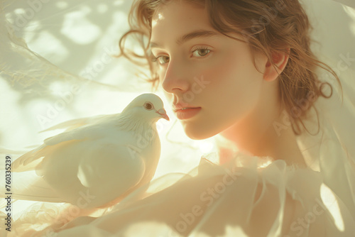A cheerful young woman shares a tender kiss with a white bird. Stunning, reflecting the pinnacle of fashion. Radiant beauty
