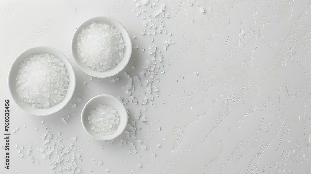 Simple yet elegant kitchen staples: three bowls of salt on a white background. ideal for culinary concepts and minimal design. photographed with natural light. AI - obrazy, fototapety, plakaty 