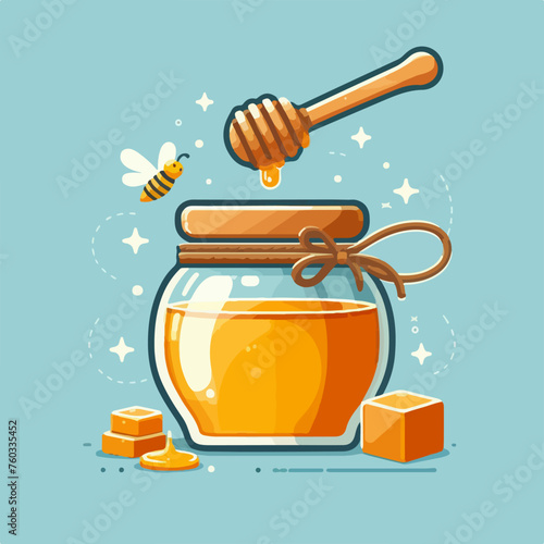 Honeycombs bee honey in glass jar wooden honey dipper