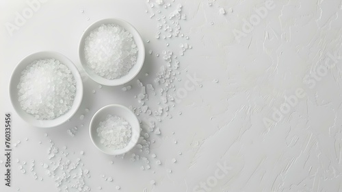 Simple yet elegant kitchen staples: three bowls of salt on a white background. ideal for culinary concepts and minimal design. photographed with natural light. AI photo